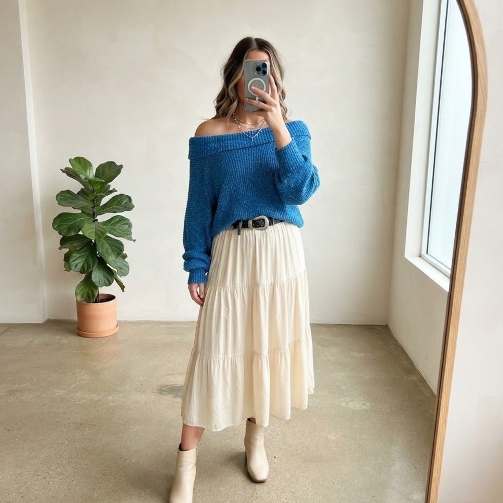 Free People Blue Marled Balloon Slv Pullover Sweater Womens M Boho Slouchy Cozy